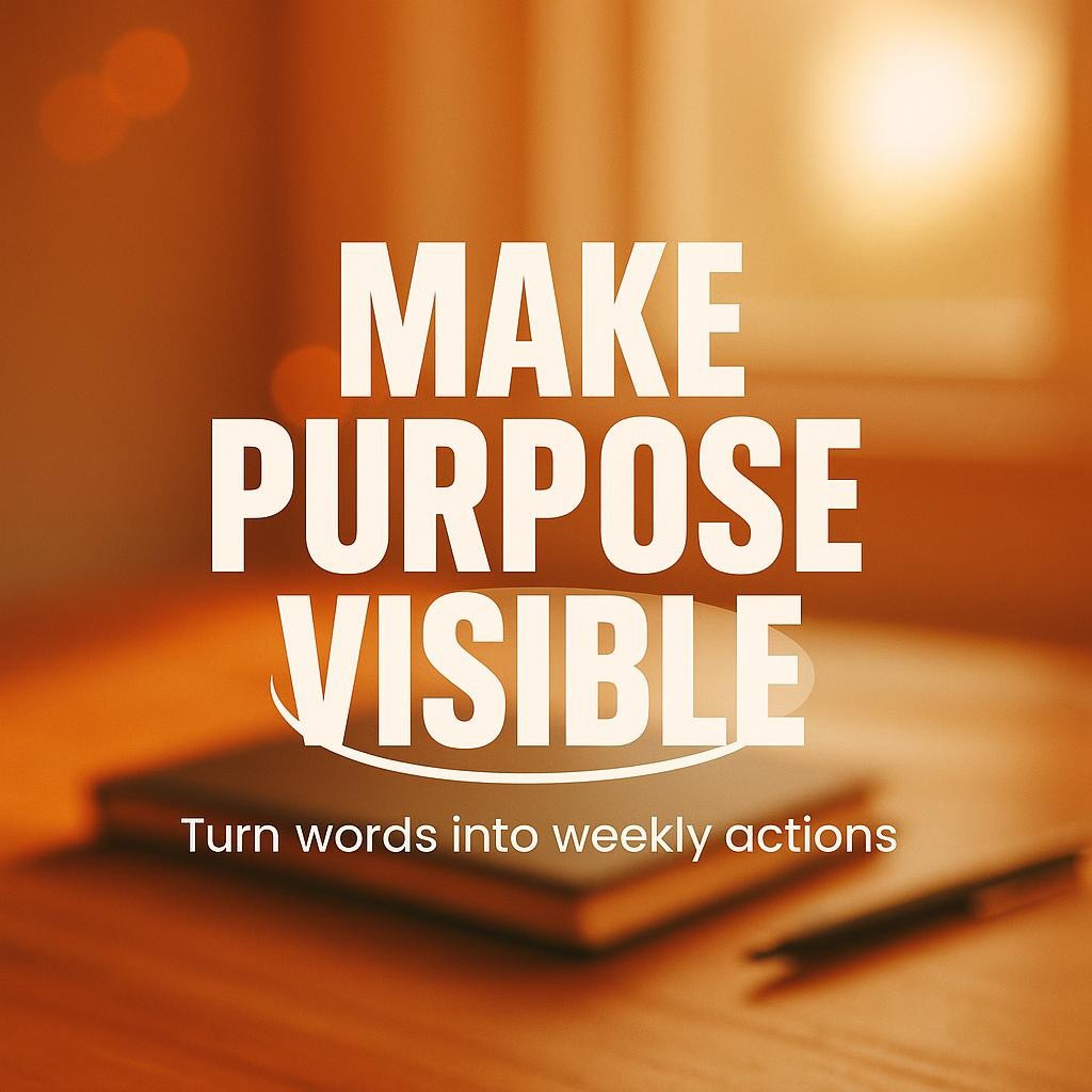 Large white text reading Make Purpose Visible centered over a warm sunlit blurred office background with an oval underline under the word Purpose, clean typography first hero image for a blog on purpose driven leadership, 60 minute workshop, customer aligned metrics, and visual accountability.