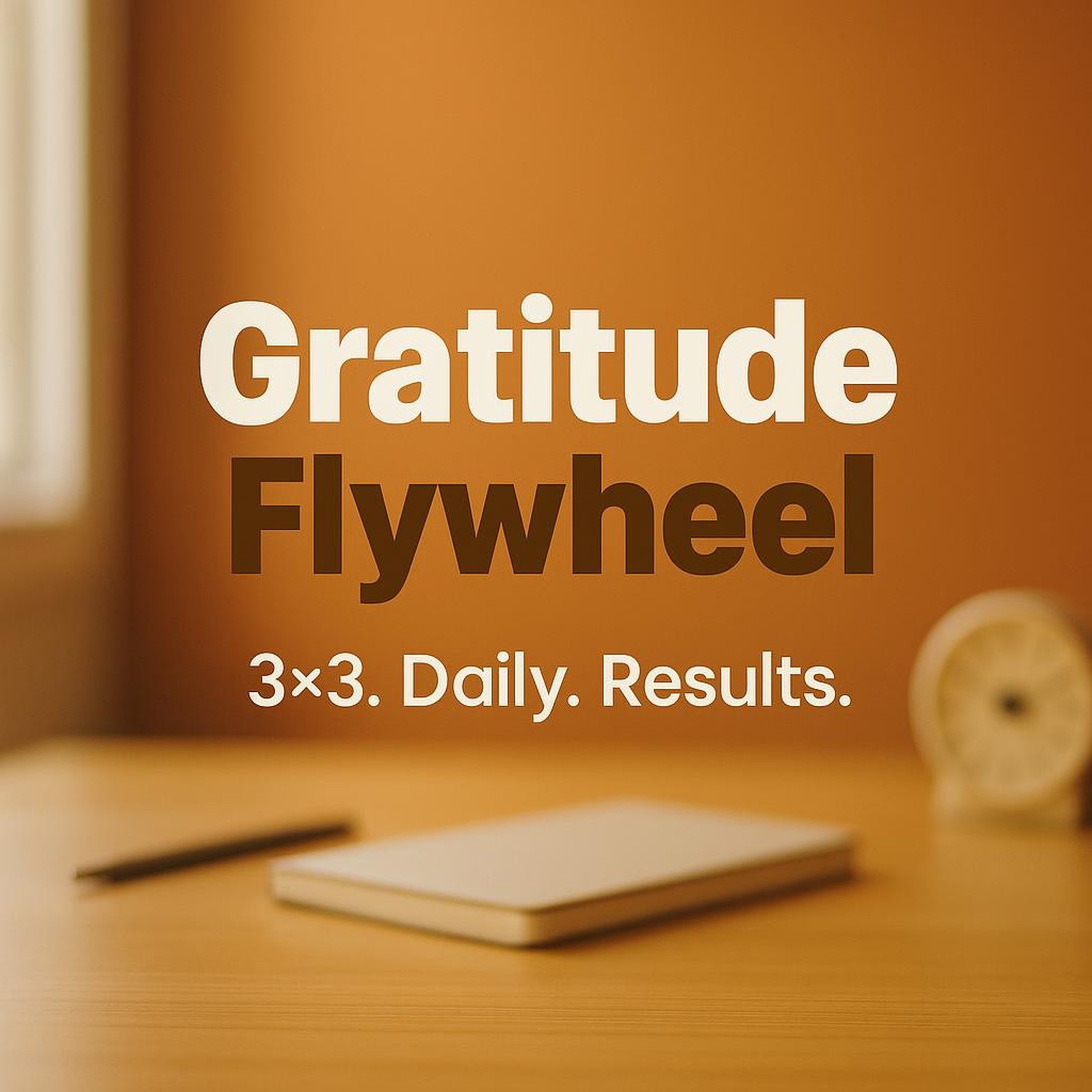 Large white headline Gratitude Flywheel with subline 3x3. Daily. Results. on a warm orange blurred background, white oval underline highlighting Gratitude, clean typography hero image for a leadership blog about a daily gratitude habit that improves team performance.