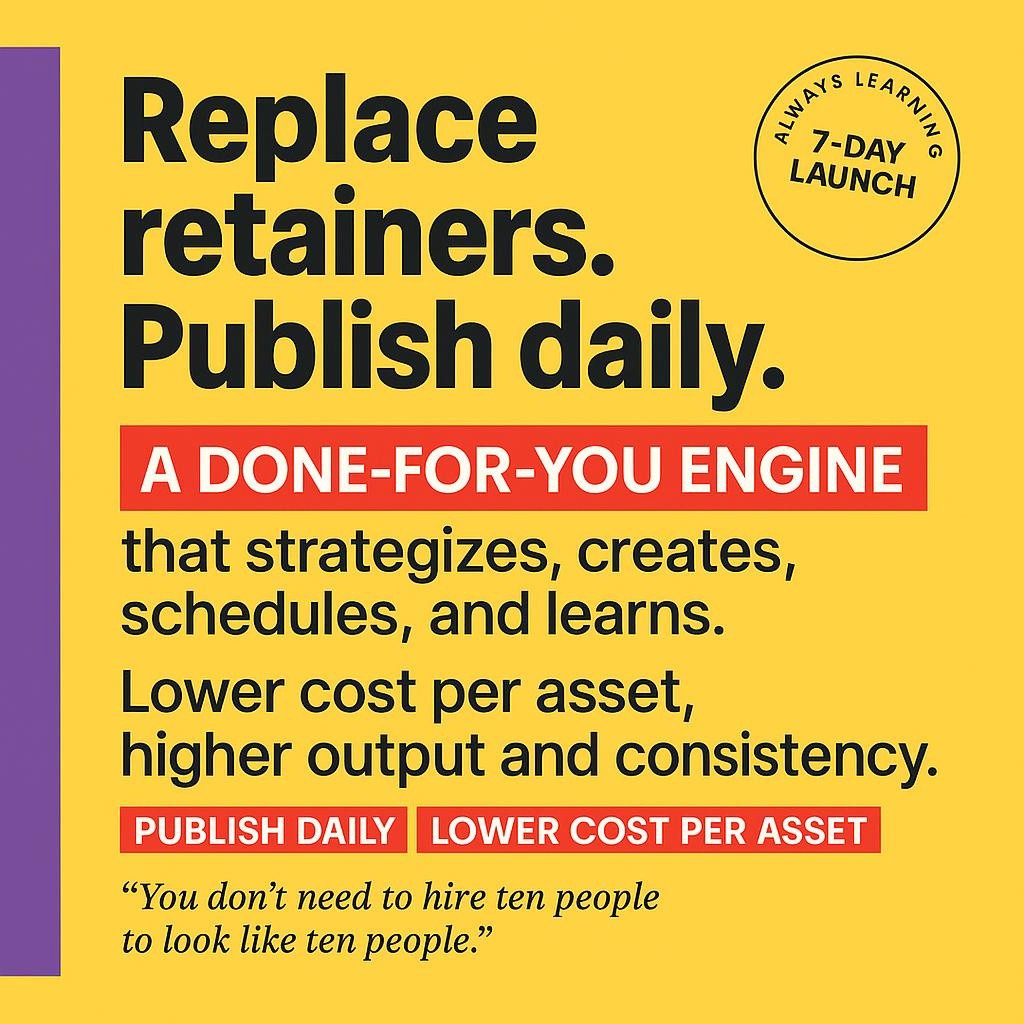 Text‑only blog header with bold black sans‑serif on yellow, purple sidebar, and red highlight boxes emphasizing done‑for‑you engine, publish daily, and lower cost per asset to show replacing agency retainers with a self‑learning content system.