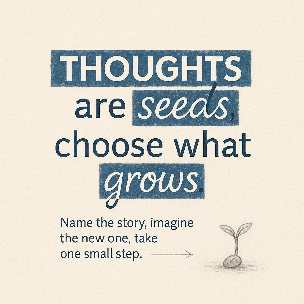 Typography hero image with headline Thoughts are seeds, choose what grows on a textured off white paper background, soft pencil grain, small sprout sketch, uplifting palette in muted blues, representing overcoming limiting beliefs and simple daily practices.
