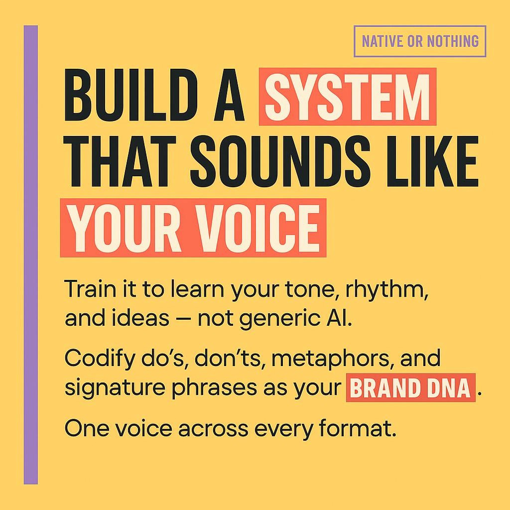 Bright yellow blog header with a purple left bar and bold black text, highlighting the words SYSTEM, YOUR VOICE, and BRAND DNA in red rectangles. Clean, left-aligned typography for a post on codifying brand voice and building a consistent, native content system across formats.