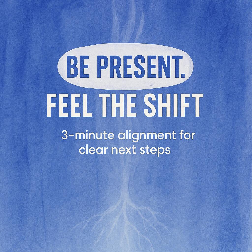 Watercolor hero banner showing BE PRESENT. FEEL THE SHIFT. in bold white type on an indigo wash background, with a hand-drawn white oval around the word Present, subtle breath waves, and a faint vertical brushstroke glow to suggest grounding, promoting present time power and a 3-minute alignment to stop overthinking.