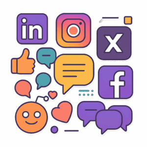 Modern flat social media illustration featuring LinkedIn, Instagram, X, Facebook, YouTube, and Reddit icons connected by chat bubbles, likes, hearts, and comments — visualizing Inkflare’s automated organic content marketing and cross-platform engagement in vibrant brand colors.