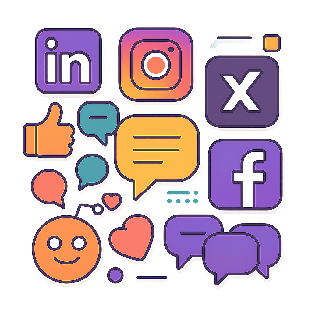 Modern flat social media illustration featuring LinkedIn, Instagram, X, Facebook, YouTube, and Reddit icons connected by chat bubbles, likes, hearts, and comments — visualizing Inkflare’s automated organic content marketing and cross-platform engagement in vibrant brand colors.