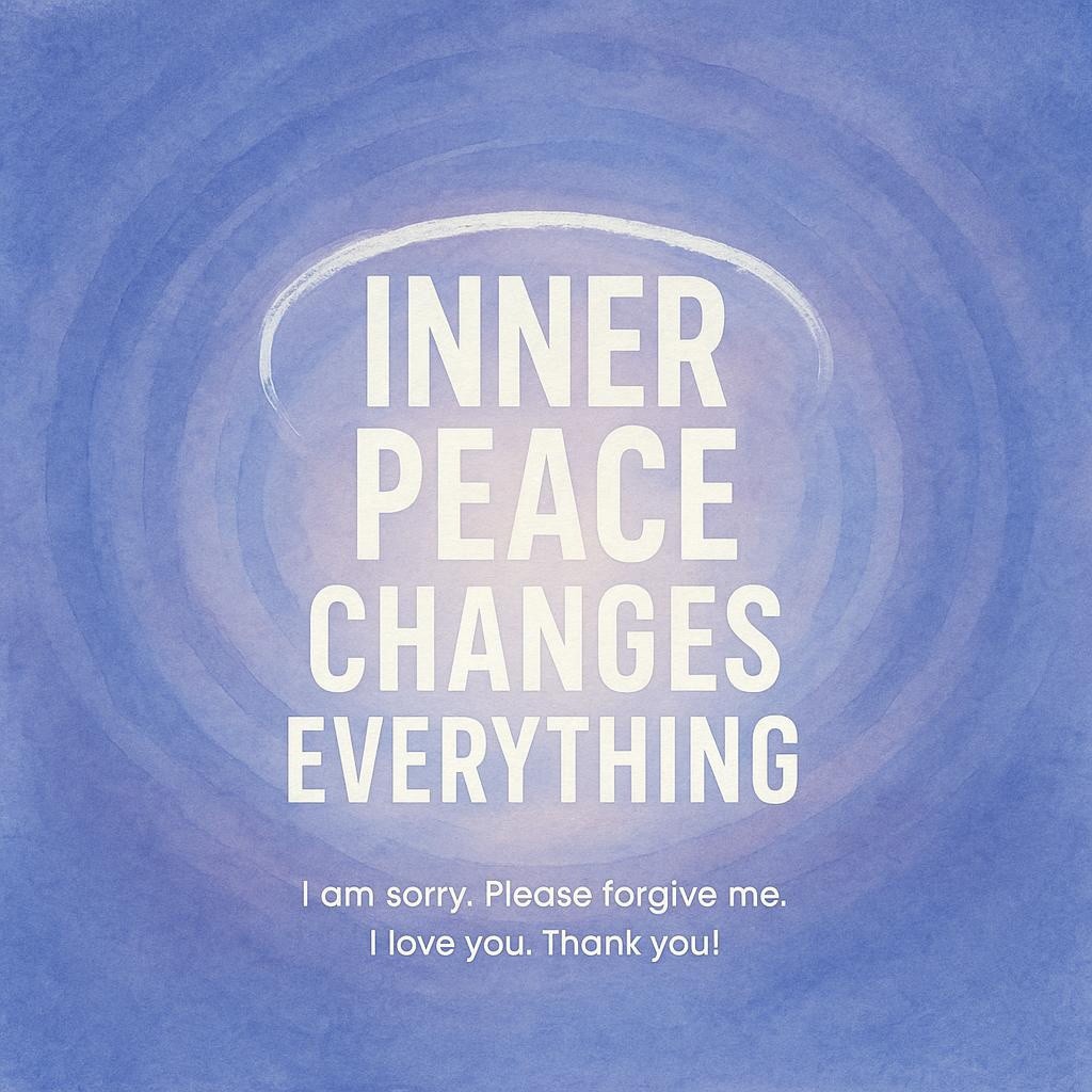 Watercolor blue hero image with the headline Inner Peace Changes Everything centered, Inner Peace highlighted in a white hand‑drawn oval, soft ripple textures, and the ho‘oponopono prayer in small subtext at the bottom, matching the Let’s Be Peace brand.