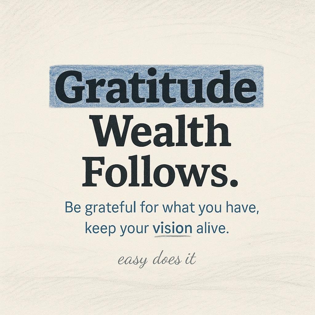 Typography poster with headline Gratitude First. Wealth Follows. highlighted in hand shaded blue on an off white textured background with pencil sketch shading. Supporting line reads Be grateful for what you have, keep your vision alive. Calming optimistic style for a blog about gratitude, wealth, and an abundance mindset by Alina Shahnazari.