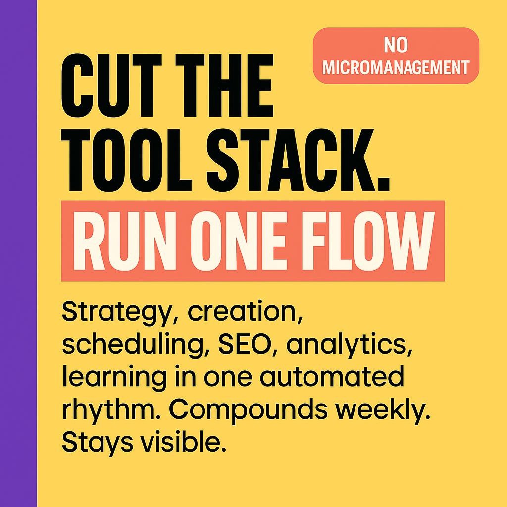 Minimalist yellow blog header with a purple left sidebar and bold stacked text that says Cut the tool stack. Run ONE FLOW with ONE FLOW highlighted in a red rectangle. Subtext lists strategy, creation, scheduling, SEO, analytics, and learning in one automated rhythm. Clean typographic design, high contrast, web-optimized.