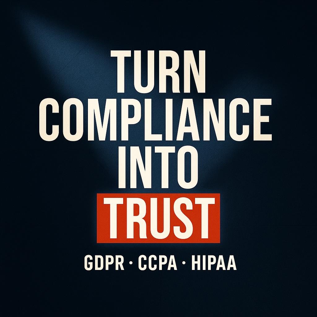 Typography image with the headline Turn Compliance Into TRUST, GDPR CCPA HIPAA listed below, on a dark navy background with dramatic lighting, symbolizing software security, data privacy, and lasting trust.