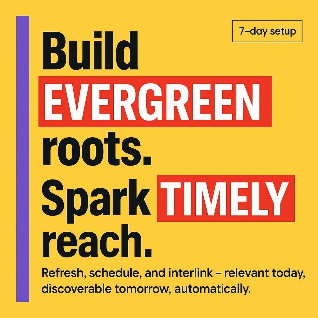 Text only blog header on bright yellow with a purple left bar showing the lines Build EVERGREEN roots and Spark TIMELY reach, with EVERGREEN and TIMELY highlighted in red for an evergreen and timely content strategy.