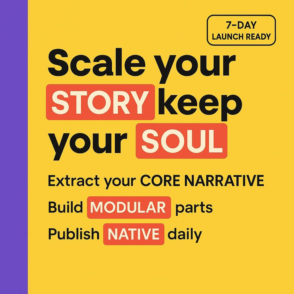 Bold text only blog header on yellow with a purple sidebar that reads Scale your story keep your soul, highlighting STORY, SOUL, CORE NARRATIVE, MODULAR, and NATIVE in red rectangles with white text, clean left aligned layout for platform native storytelling and modular content marketing.
