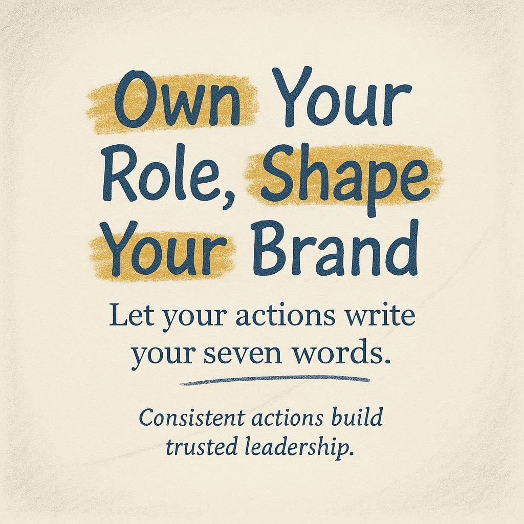 Typography leadership brand image with the headline Own Your Role Shape Your Brand in blue on an off-white textured paper background with warm hand-drawn highlights and soft pencil shading.