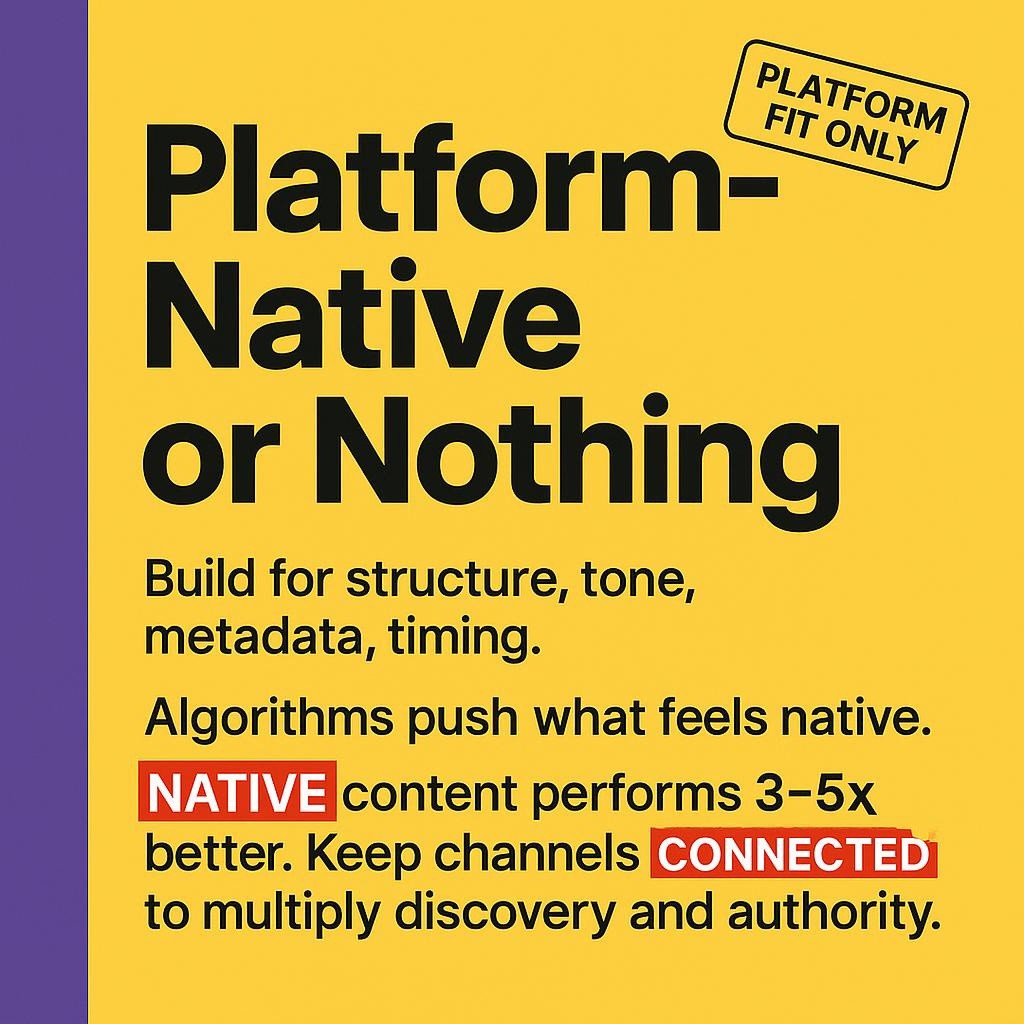Text based header image reading Platform‑Native or Nothing with left aligned black typography on a bright yellow background and a purple sidebar. Subtext says build for structure, tone, metadata, timing; algorithms push what feels native; NATIVE content performs 3–5x better; keep channels CONNECTED to multiply discovery and authority.