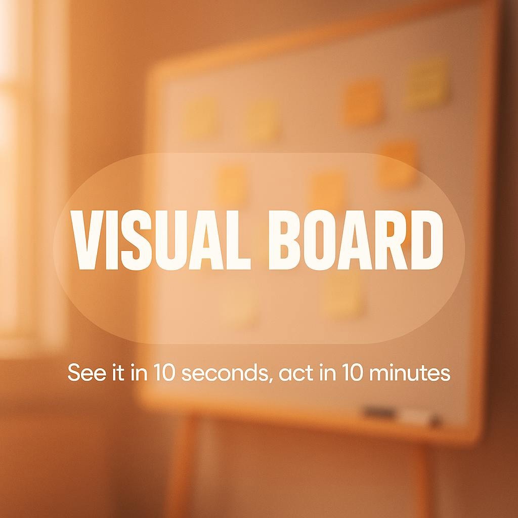 Typography hero image reading Visual Board with a warm, softly blurred office background, highlighting the idea see it in 10 seconds and act in 10 minutes for clear visual leadership and faster team decisions.