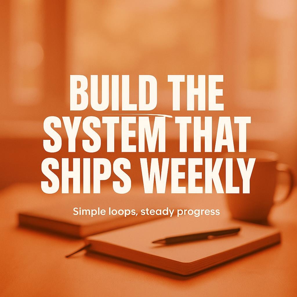 Large white headline reading Build the System That Ships Weekly centered over a softly blurred warm workspace with natural light and shallow depth of field, emphasizing the word SYSTEM with a clean white underline.