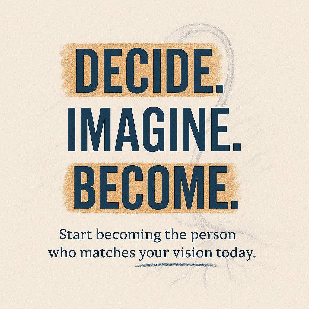 Minimalist off white textured typography image showing the words Decide. Imagine. Become. with warm highlight accents and subtle pencil sketch roots, symbolizing intentional living, clearing limiting beliefs, and becoming the person who matches your vision.