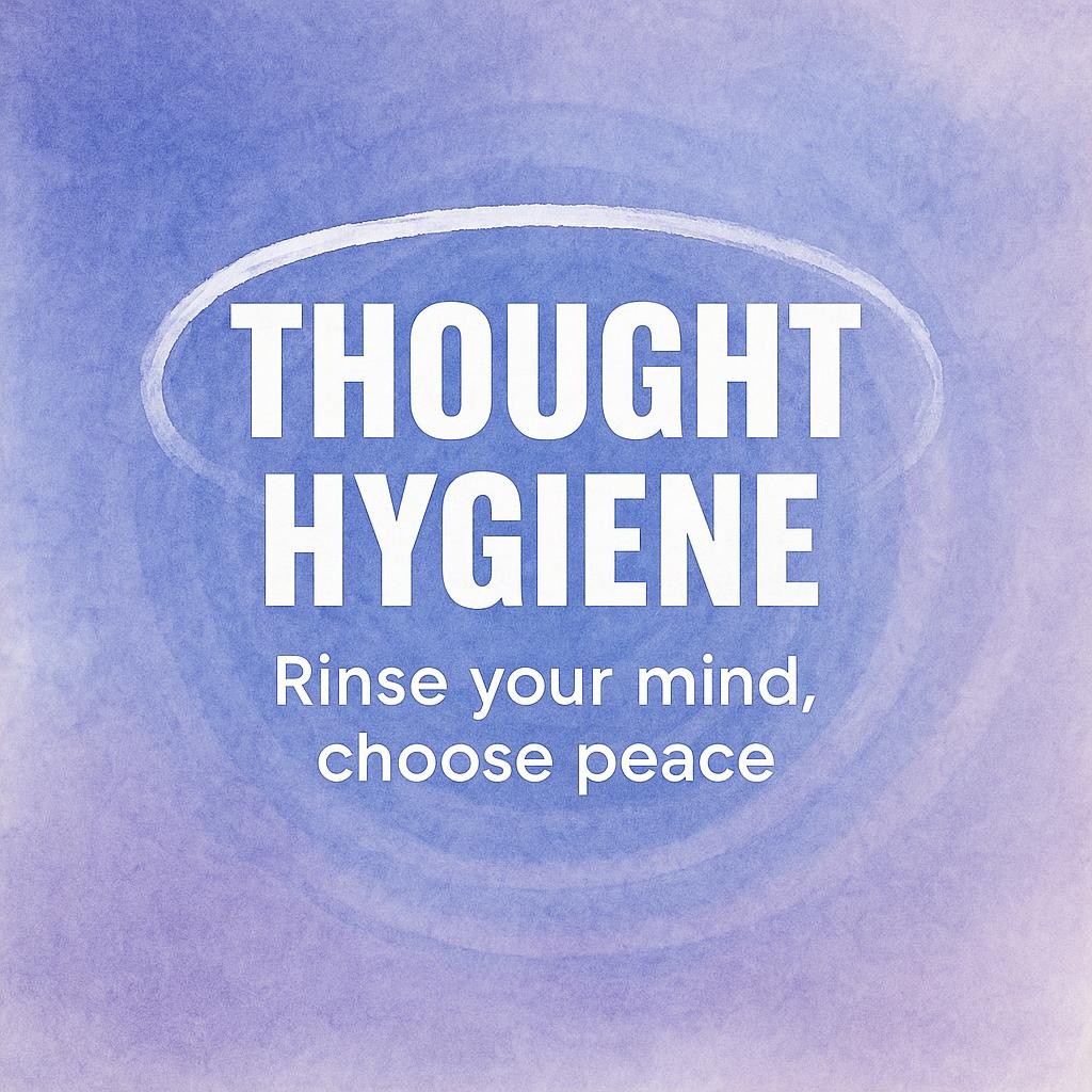 Watercolor periwinkle background with centered white headline THOUGHT HYGIENE and subheading Rinse your mind, choose peace, showing a gentle mental shower concept for thought hygiene, mindfulness, and inner peace.