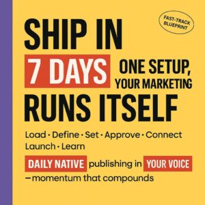 Minimalist yellow blog header with a purple left sidebar and stacked bold black text highlighting 7 DAYS and RUNS ITSELF in red rectangles with white text, plus supporting lines showing the seven-step sequence and DAILY NATIVE publishing in YOUR VOICE.