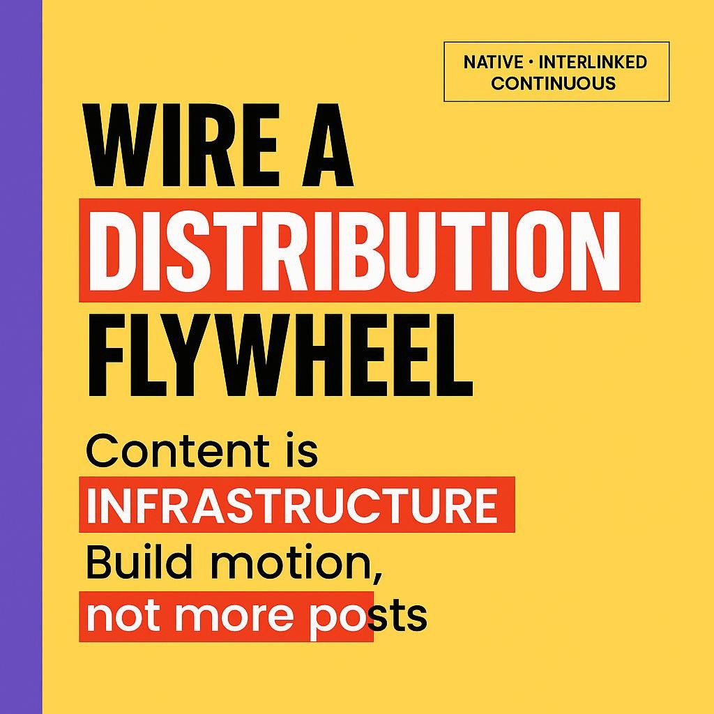 Text-only yellow blog header with a purple left sidebar and black stacked heading highlighting Distribution Flywheel, Infrastructure, and motion inside red rectangles, clean minimalist layout optimized for web and social media.