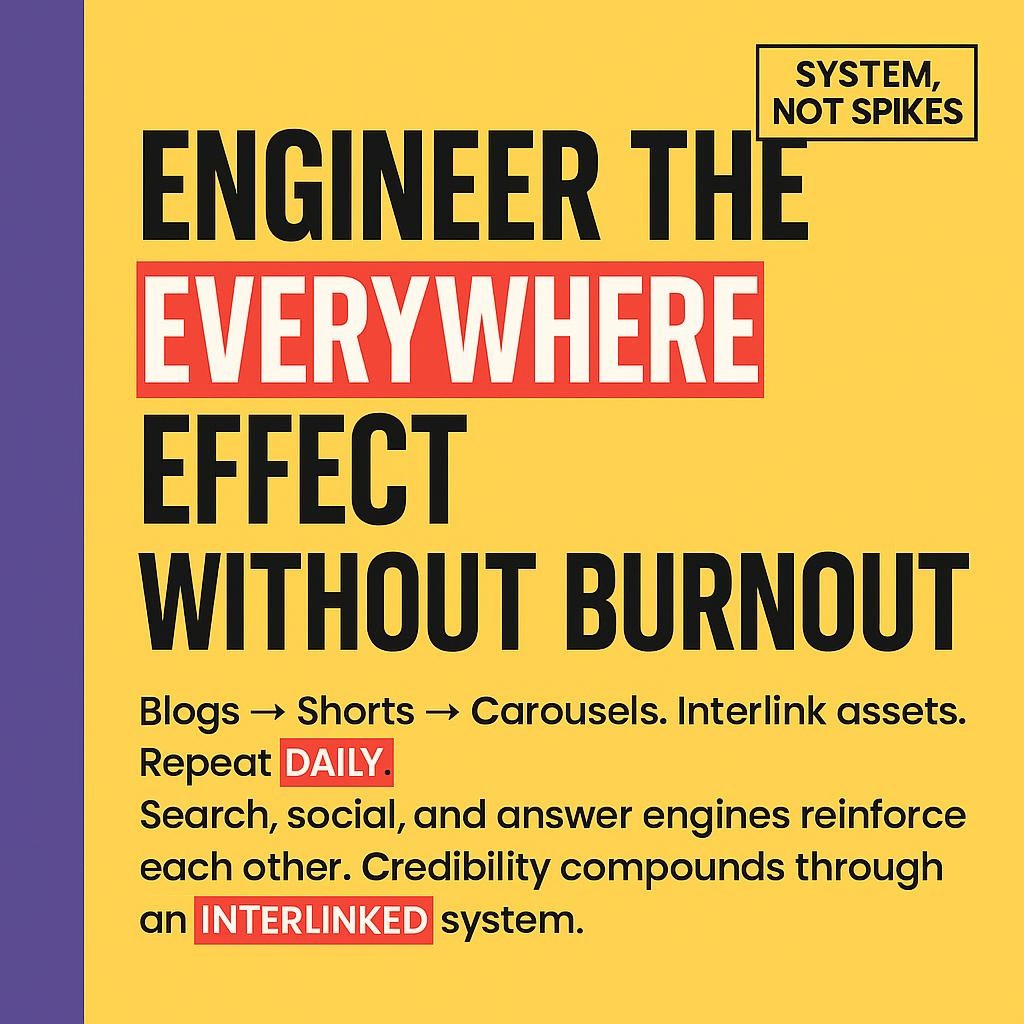 Text-only blog header on bright yellow with purple sidebar, bold black headline Engineer the EVERYWHERE Effect Without Burnout, and red highlight boxes around keywords EVERYWHERE, DAILY, and INTERLINKED. Minimal, modern layout for cross-platform content strategy.