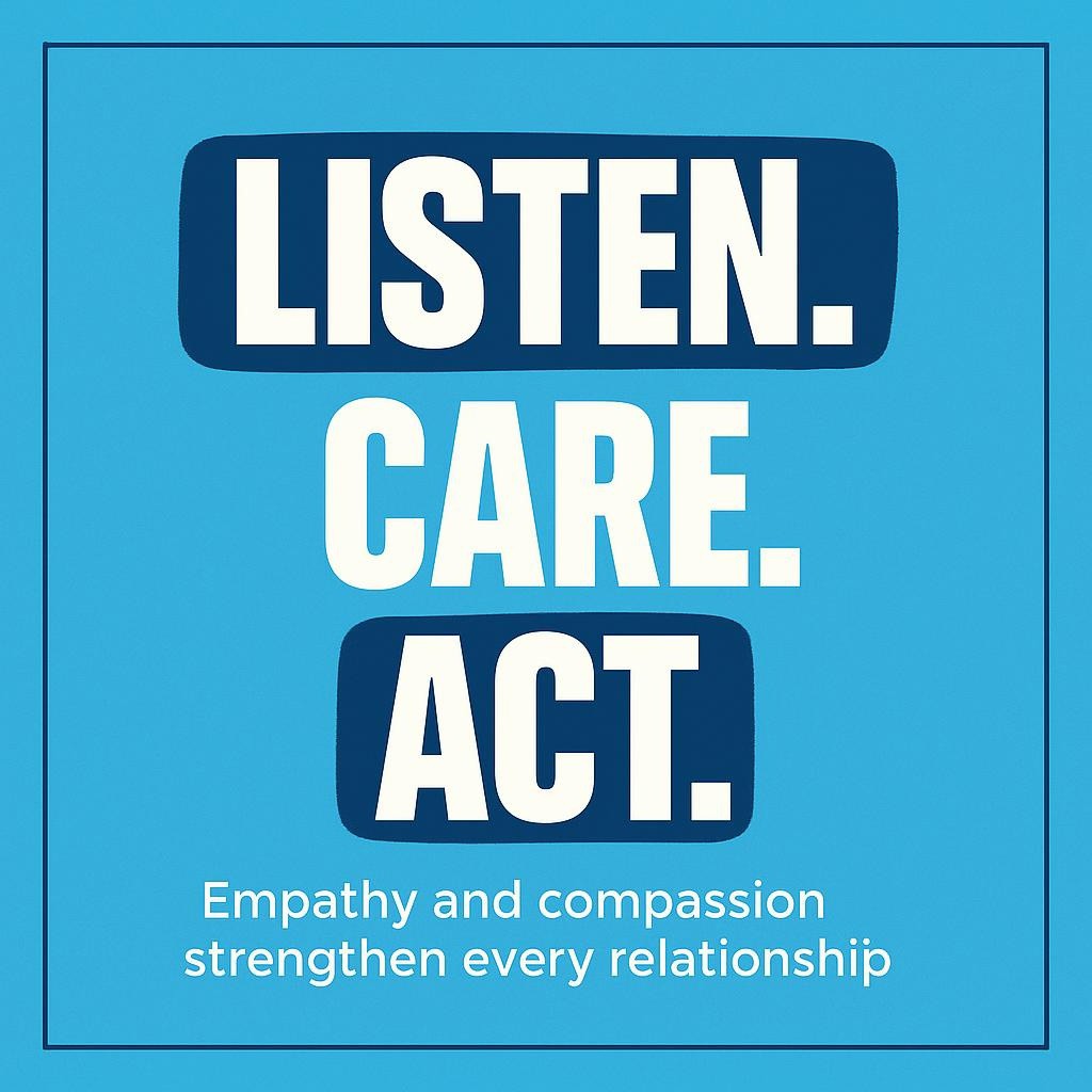 Bold typography poster reading LISTEN CARE ACT in all caps on a cyan background with navy highlight and white text framed by a thin navy border symbolizing empathy compassion and action for stronger meaningful relationships.
