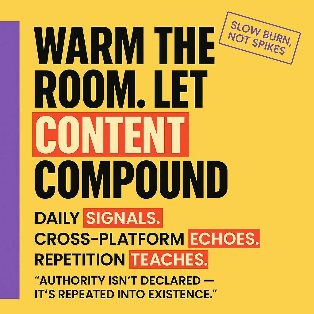 Text based header graphic with bright yellow background and a purple vertical sidebar: Warm the Room. Let Content COMPOUND in red highlight. Below: Daily SIGNALS, Cross platform ECHOES, Repetition TEACHES, each keyword in red highlight. Closing line reads Authority isn’t declared — it’s repeated into existence. Minimal, modern sans serif design for content marketing and cross platform visibility.