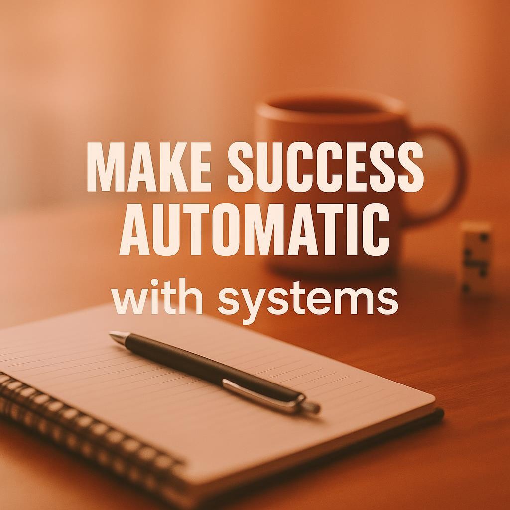 Large headline Make success automatic with systems centered over a warm terracotta blurred workspace with a notebook, mug, and a soft-focus domino, conveying leadership systems, habit loops, and visual management.
