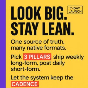Text-only blog header reading Look Big. Stay Lean. followed by One source of truth, many native formats. Then Pick 3 PILLARS, ship weekly long-form, post daily short-form. Then Let the system keep the CADENCE. Bright yellow background, purple vertical sidebar, black sans-serif text, red highlight boxes around 3 PILLARS and CADENCE.