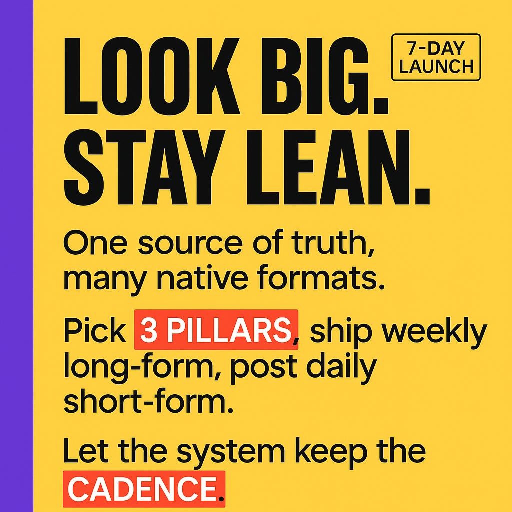 Text-only blog header reading Look Big. Stay Lean. followed by One source of truth, many native formats. Then Pick 3 PILLARS, ship weekly long-form, post daily short-form. Then Let the system keep the CADENCE. Bright yellow background, purple vertical sidebar, black sans-serif text, red highlight boxes around 3 PILLARS and CADENCE.