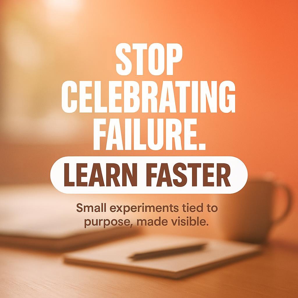 Bold headline Stop Celebrating Failure Learn Faster centered on a warm coral background with soft blurred desk and coffee mug, conveying leadership development, visual leadership, and a learning culture focused on small experiments and continuous improvement.