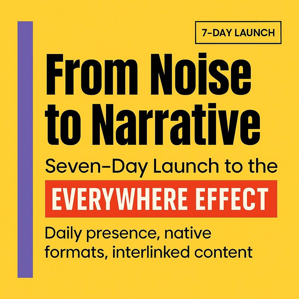 Text-only blog header with bright yellow background, purple left sidebar, bold black headline From Noise to Narrative, subline Seven-Day Launch to the Everywhere Effect highlighted in a red rectangle, and supporting line Daily presence, native formats, interlinked content.