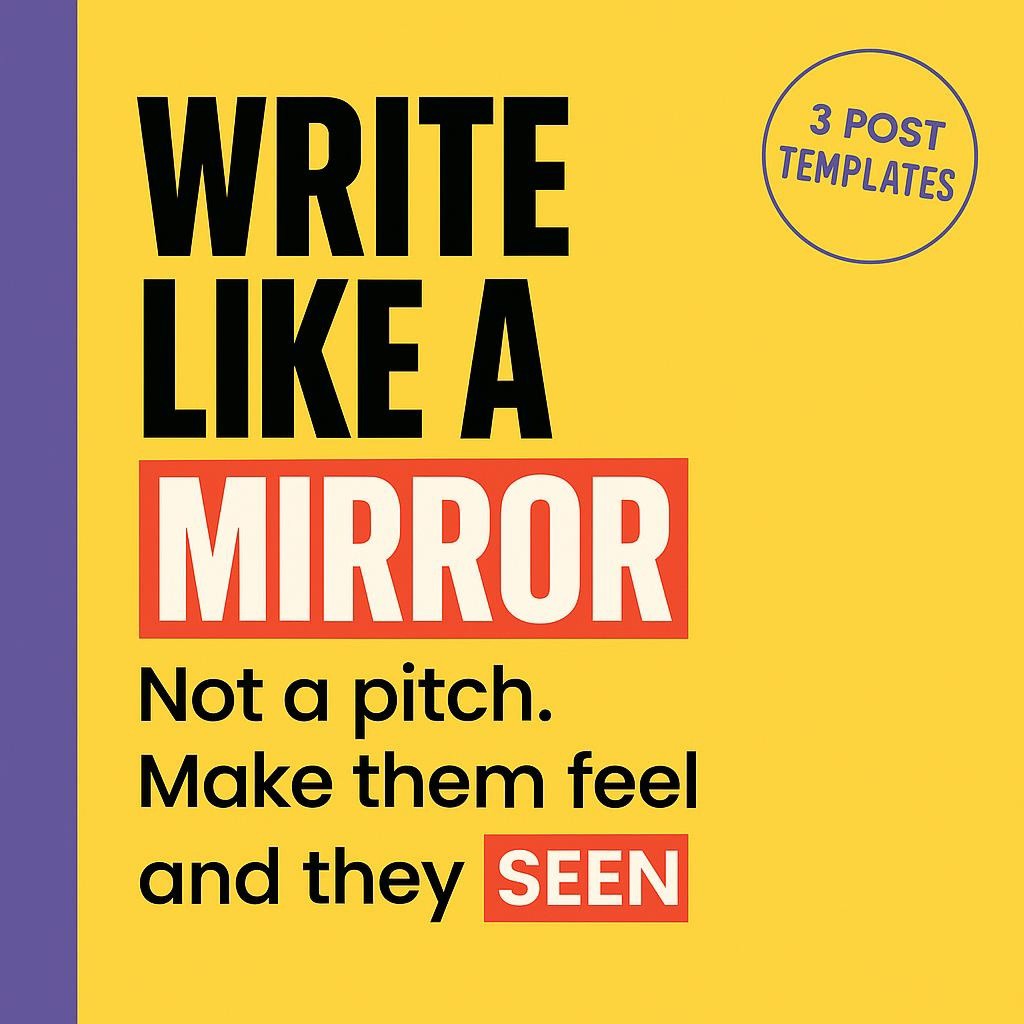 Typographic blog header with bright yellow background and purple left bar, headline says Write Like a MIRROR, with highlighted words MIRROR and SEEN, and supporting text about not pitching and making people feel seen.