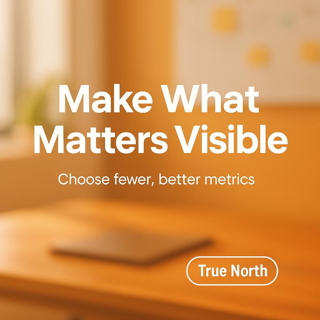 Typography hero image with Make What Matters Visible headline on a warm orange background, subtle subheading Choose fewer, better metrics, and a True North badge, styled for visual leadership and a 90-day metric makeover.