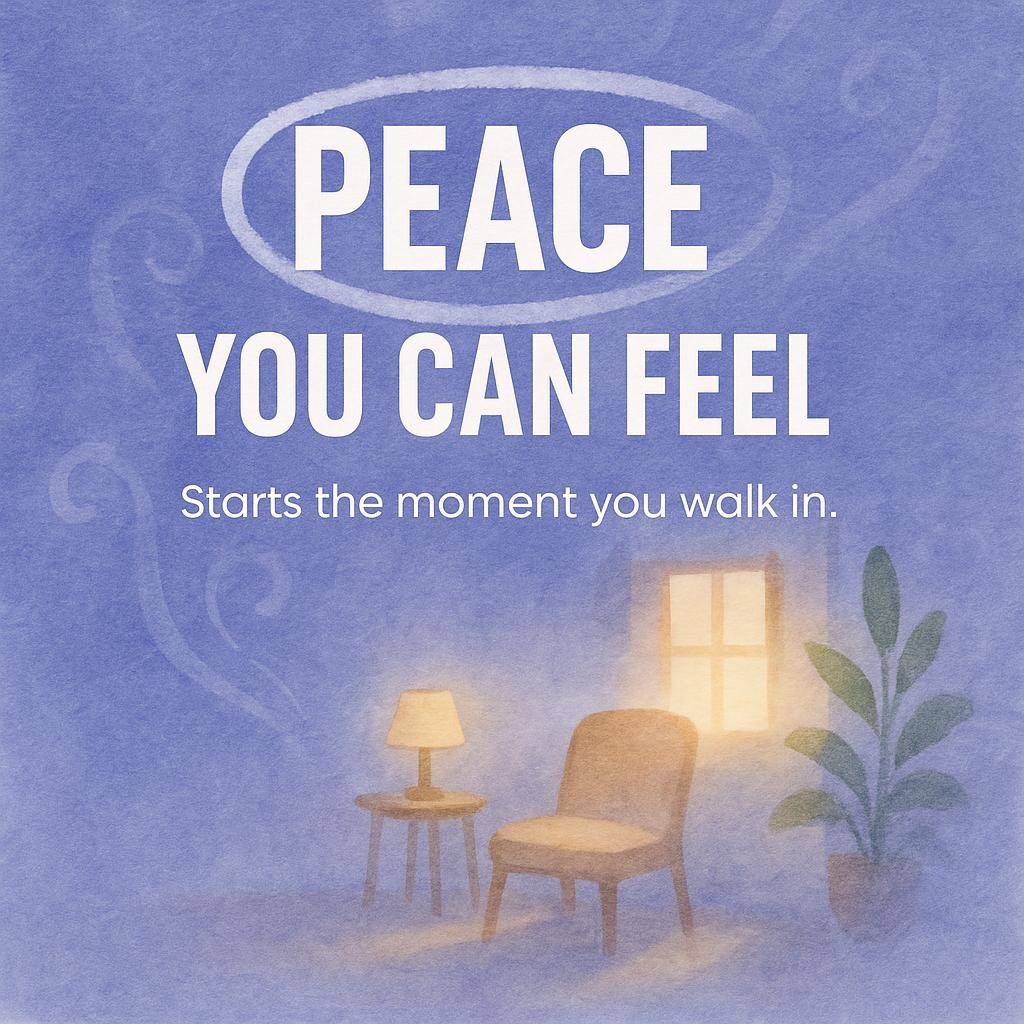 Watercolor typography image with a soft blue background and a simple cozy room corner, featuring the headline PEACE YOU CAN FEEL and the line Starts the moment you walk in, for a feng shui calm home and inner peace blog.