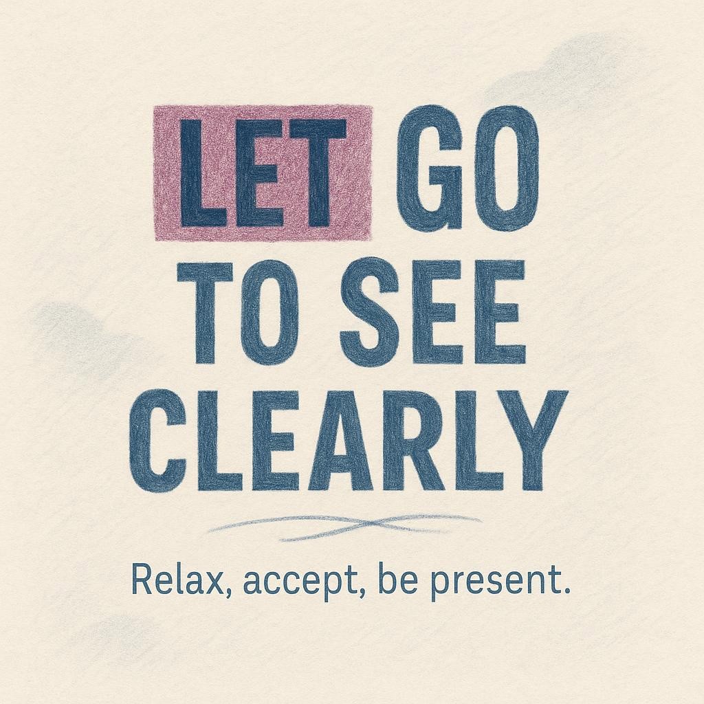 Typographic image reading Let go to see clearly with hand-shaded highlights on a textured off-white paper background in a soft pencil sketch style, conveying hopeful calm for a blog about surrender and finding clarity.