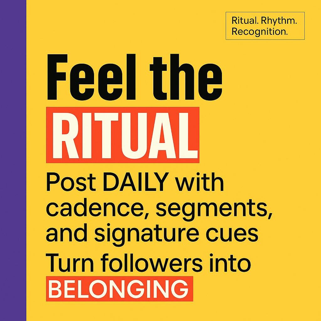 Bold typographic blog header with bright yellow background purple left sidebar and red highlighted keywords RITUAL DAILY and BELONGING, showcasing a clean modern design that signals consistent content cadence and brand belonging.