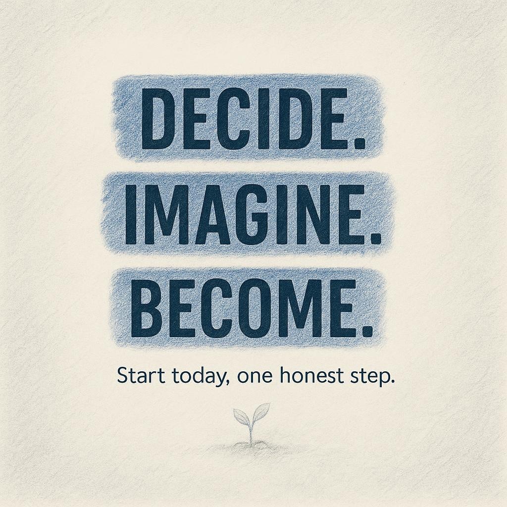 Typography poster with the words Decide. Imagine. Become. highlighted on textured off-white paper in a pencil sketch style, soft grainy shading and warm blue accents, designed for a self-discovery and daily intention blog by Alina Shahnazari.