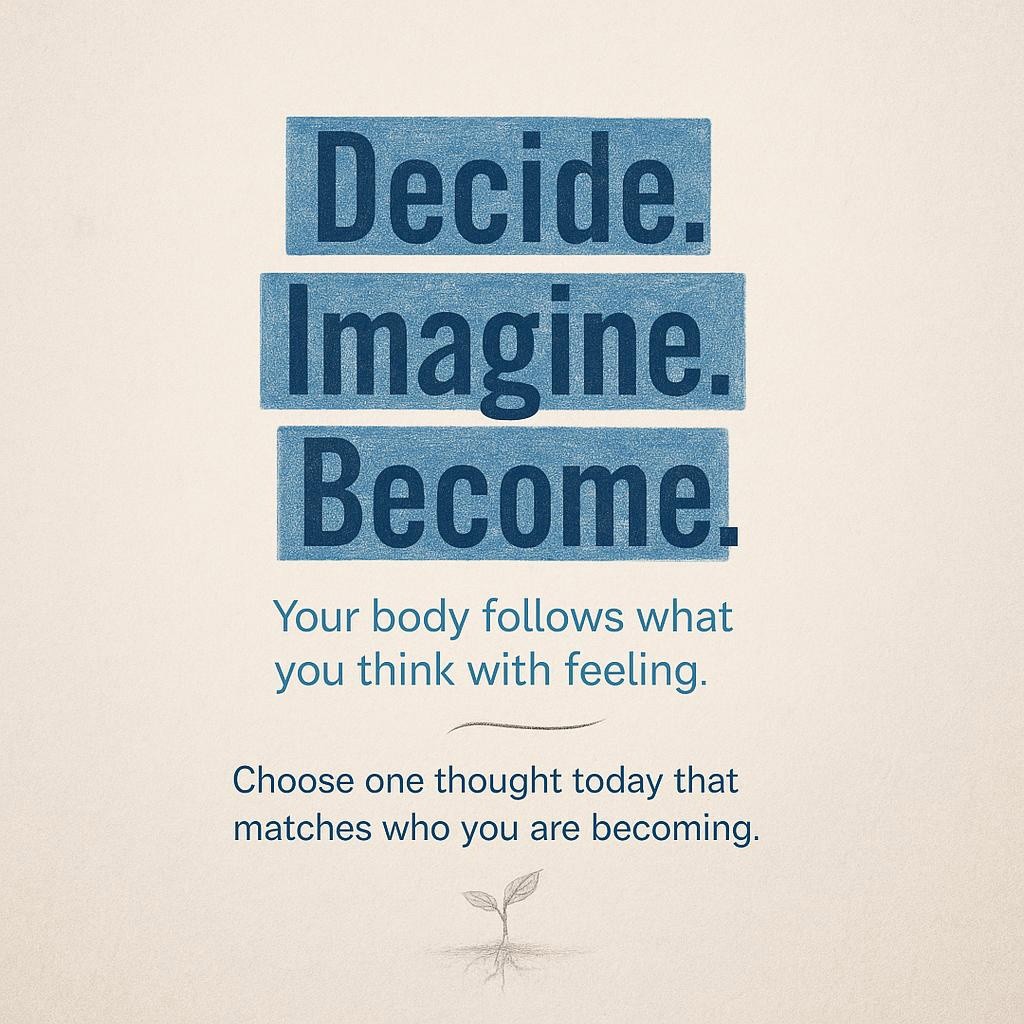 Typography image with Decide, Imagine, Become on a textured off-white background, blue hand-shaded highlights, and a subtle pencil sprout, representing reprogramming the subconscious mind and daily intention for personal growth.