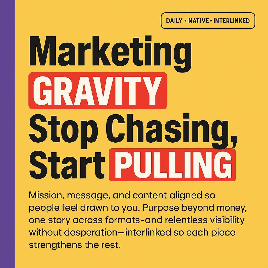 Text-only blog header on a yellow background with a purple sidebar, showing the bold title Marketing Gravity Stop Chasing Start Pulling. Keywords Gravity and Pulling are highlighted in red boxes. Subheading notes mission, message, and content alignment, purpose beyond money, one story across formats, and relentless visibility without desperation through interlinked content.