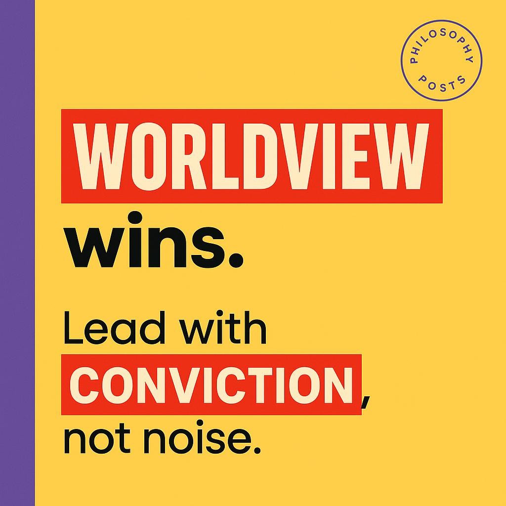 High contrast yellow blog header with purple sidebar large bold text Worldview wins subheading Lead with conviction not noise minimalist typographic design for content marketing article about building brand worldview and philosophical backbone