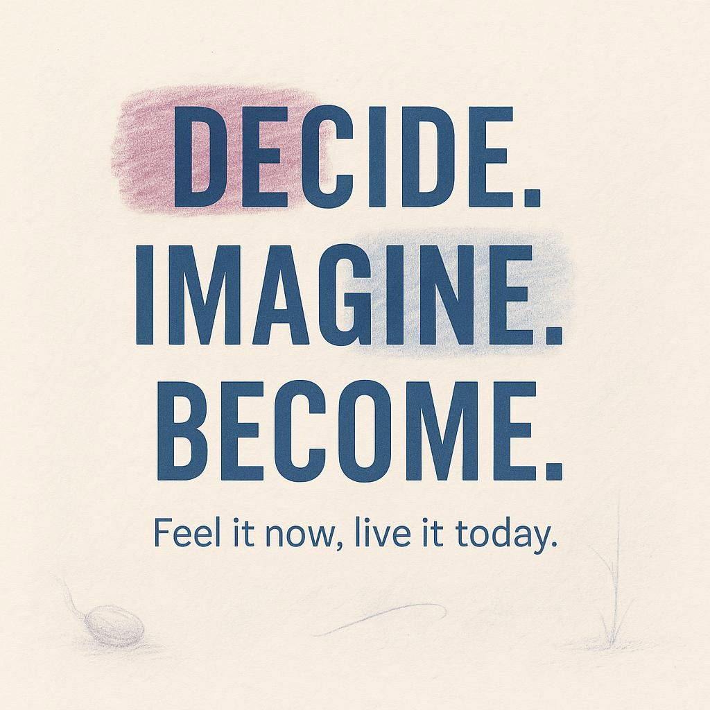 Minimal typography poster that reads Decide Imagine Become with soft pencil texture on an off white background, gentle blue headings, and warm hand shaded highlights, illustrating daily visualization to craft your dream life.