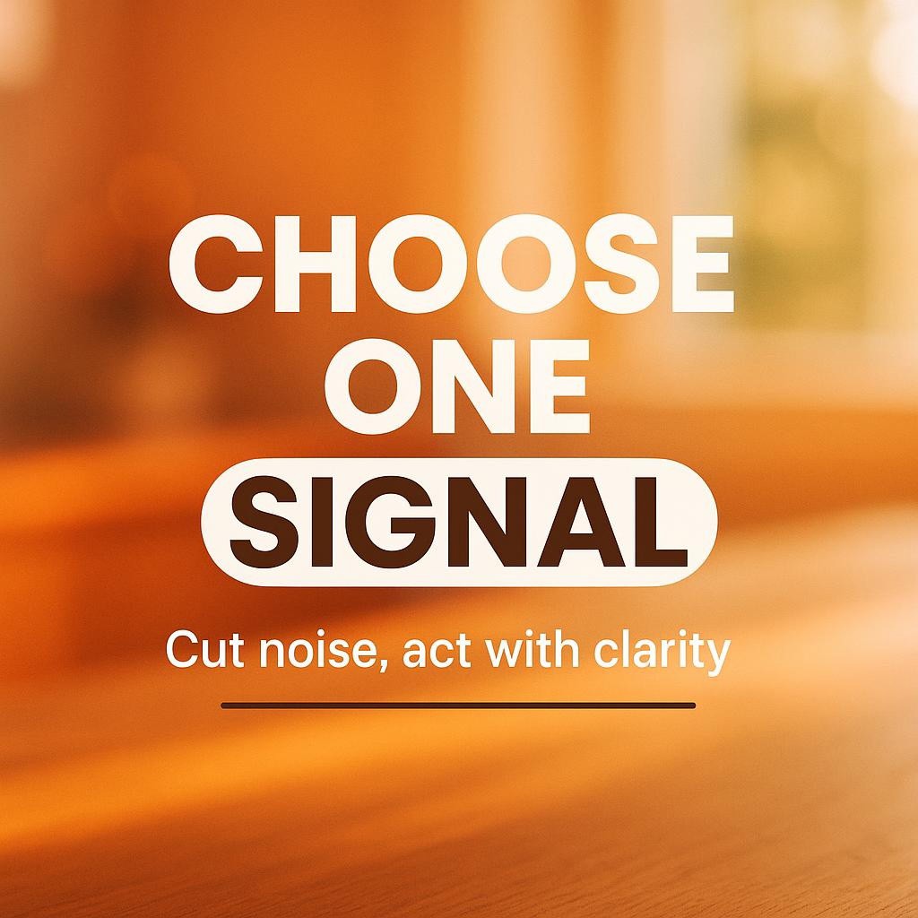 Typography hero image with the words Choose One Signal and Cut noise, act with clarity on a soft orange background, natural light, shallow depth of field, and a white oval highlighting the word SIGNAL.
