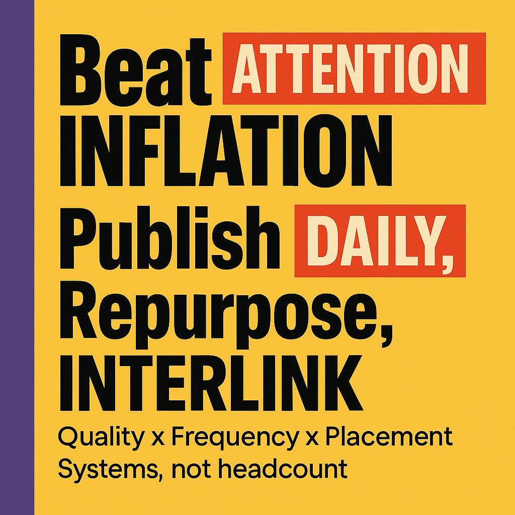 Text only blog header on a bright yellow background with a purple left sidebar showing Beat ATTENTION INFLATION, then Publish DAILY, Repurpose, INTERLINK in bold black type with key words highlighted in red rectangles. Subtext reads Quality × Frequency × Placement and Systems, not headcount.