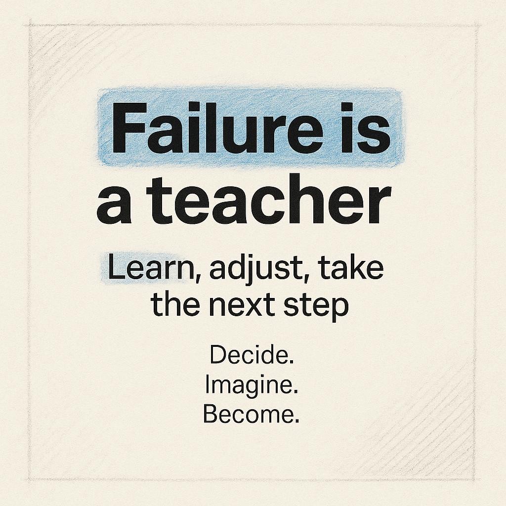 Off-white textured poster with bold heading Failure is a teacher, smaller line Learn, adjust, take the next step, and micro text Decide. Imagine. Become. Blue hand-shaded highlights and soft pencil shading create a calm, uplifting typography image about learning from setbacks.