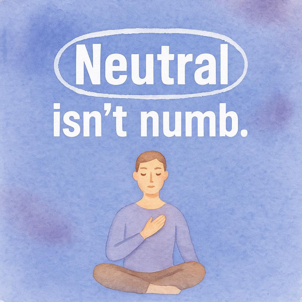Watercolor typography image reading Neutral isn’t numb on a periwinkle blue background with violet accents and a small peaceful figure, illustrating mindful trigger regulation, breathing, and returning to calm neutrality.