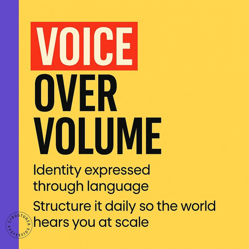 Bold typographic blog header with bright yellow background, purple vertical sidebar, black stacked text reading VOICE over volume with VOICE highlighted in a red rectangle, minimal and modern design for a post about automating human brand voice at scale