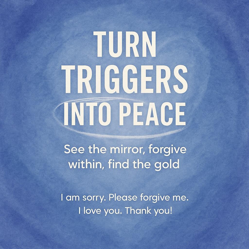 Watercolor typography image with a deep indigo blue background, centered white headline Turn Triggers Into Peace, Triggers highlighted with a hand drawn oval, and a calming subheadline See the mirror, forgive within, find the gold, reflecting themes of shadow work, ho’oponopono, and gentle forgiveness.