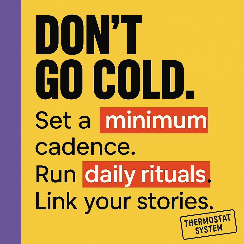 Typographic blog header on yellow with purple sidebar reading Don’t Go Cold and highlighting minimum cadence and daily rituals for consistent brand presence.
