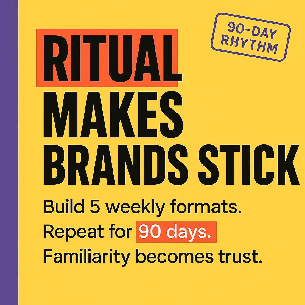 Text-only blog header on yellow with purple sidebar reading Ritual Makes Brands Stick, highlighting ritual and 90 days, promoting weekly content rituals that build familiarity and trust.