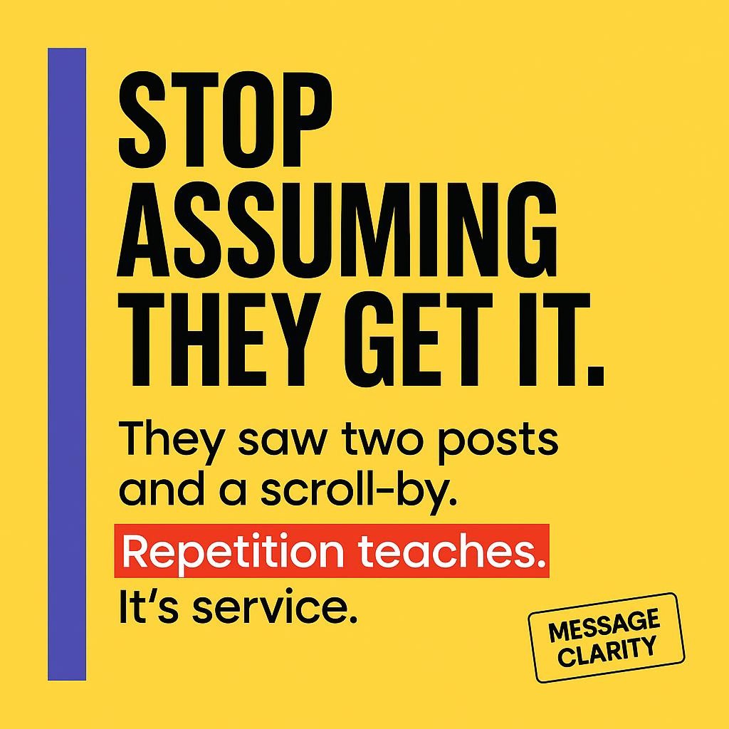 Bold typographic header on bright yellow with a purple left sidebar reading Stop assuming they get it. They saw two posts and a scroll-by. Repetition teaches. It’s service, with Repetition teaches highlighted in a red box.
