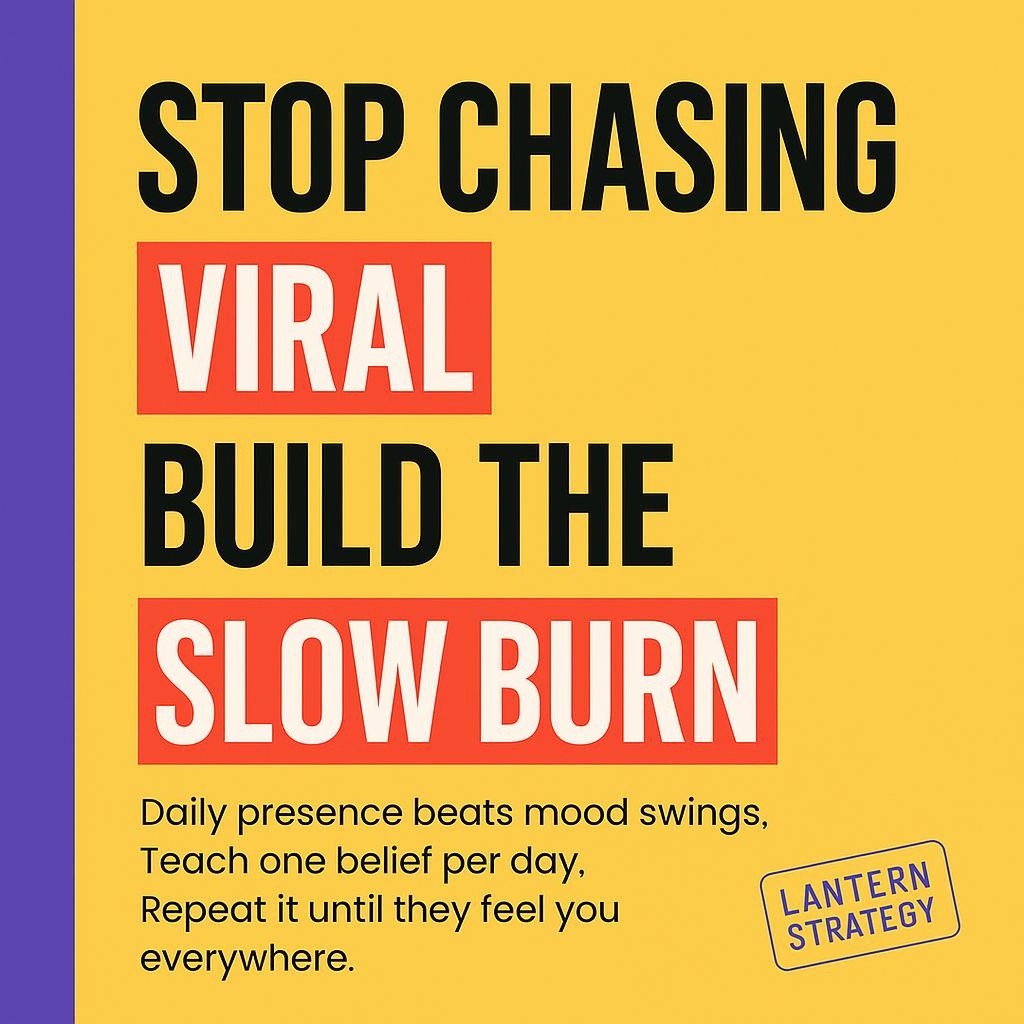 Typographic blog header on bright yellow with purple sidebar reading Stop chasing VIRAL, build the SLOW BURN, plus lines about daily presence and repeating one belief per day.